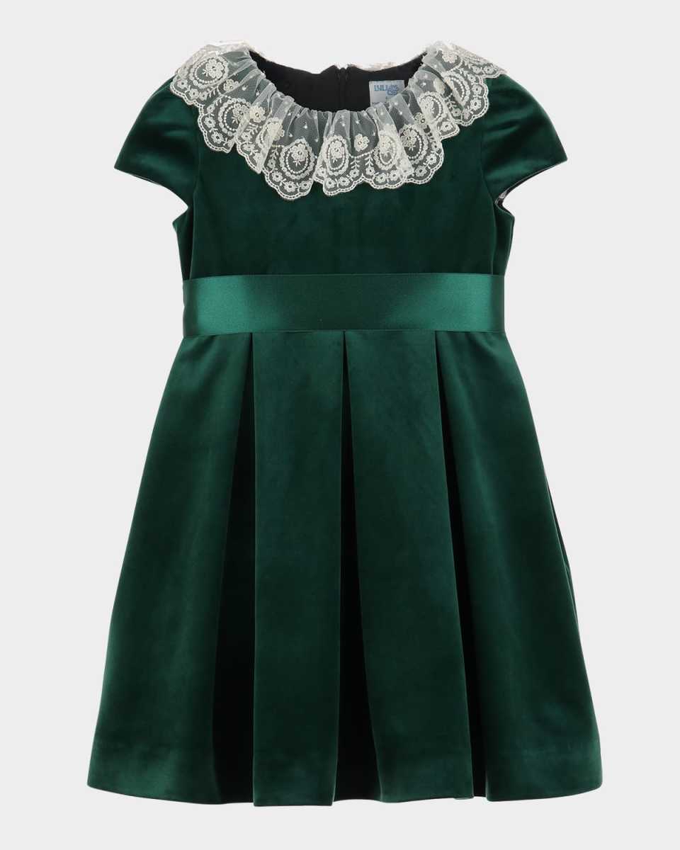 Girl's Pleated Velvet Lace-Collar Dress, Size 4T-6